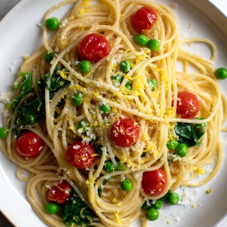 A plate of Spring Veggie One-Pot Spaghetti topped with melted Parmesan and basil.