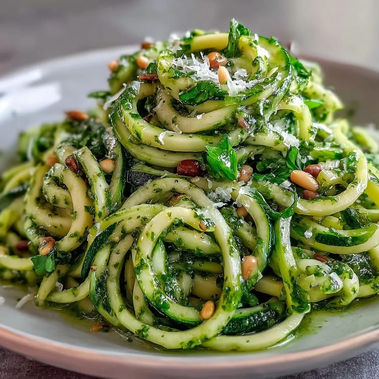 Sautéed zucchini noodles with pesto in a skillet, showcasing the fresh, low-carb Italian-inspired dish ready to be served.
