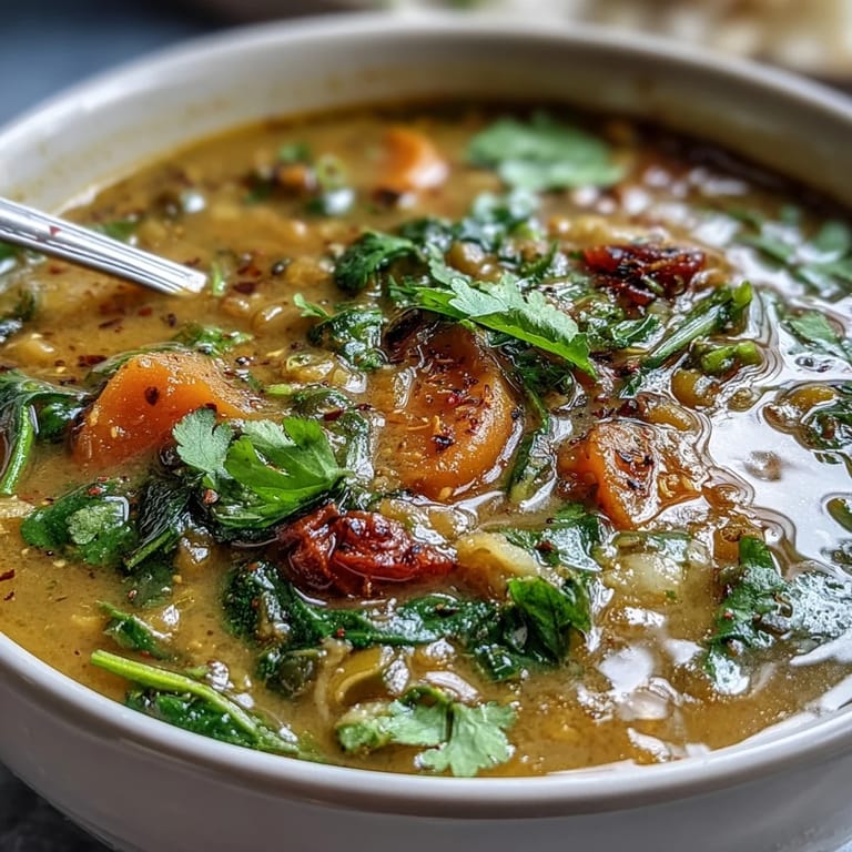 Close-up view of golden Mung Bean Soup with tender beans, carrots, and aromatic spices in a rustic pot.