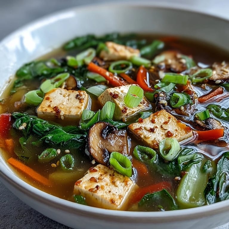 Hearty tofu and vegetable soup brimming with colorful veggies, perfect for a healthy meal.