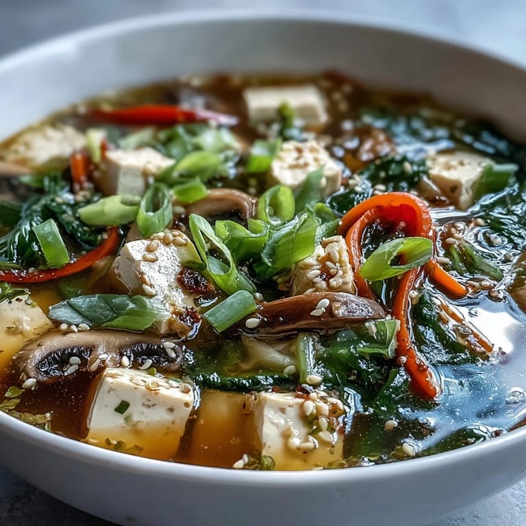 Steaming bowl of tofu and vegetable soup, showcasing tender silken tofu and crisp greens.