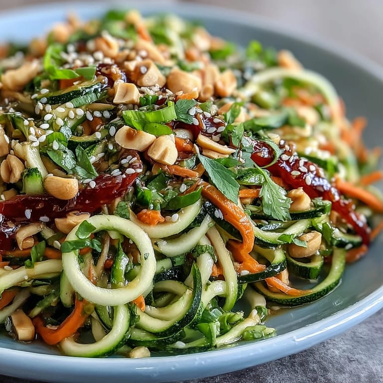 Spiralized Raw Vegetable Noodle Salad, tossed with crisp veggies and flavorful Asian dressing.