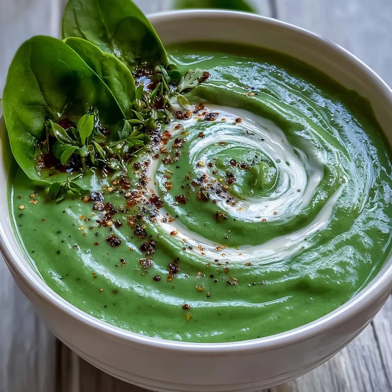 Vibrant green spinach soup topped with a dollop of yogurt, showcasing the smooth texture of this easy vegetarian recipe.