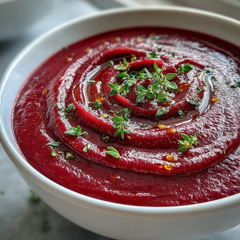 Vibrant roasted beet soup swirled with cream and served warm.