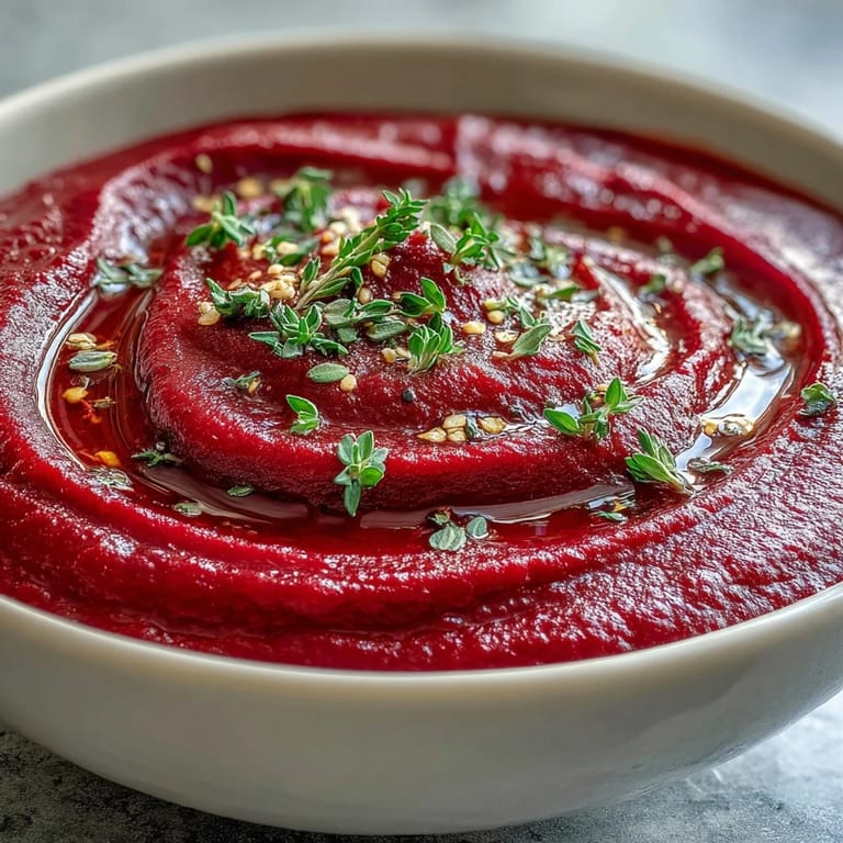 A bowl of roasted beet soup with crusty bread on the side.