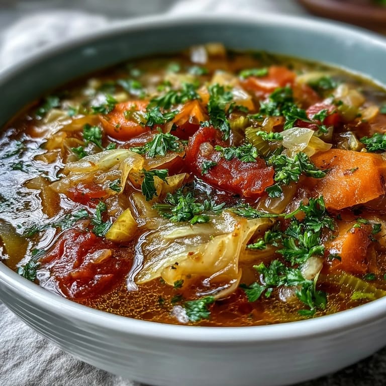 This hearty Cabbage Soup features vibrant vegetables and a savory tomato-based broth, perfect for a light meal.