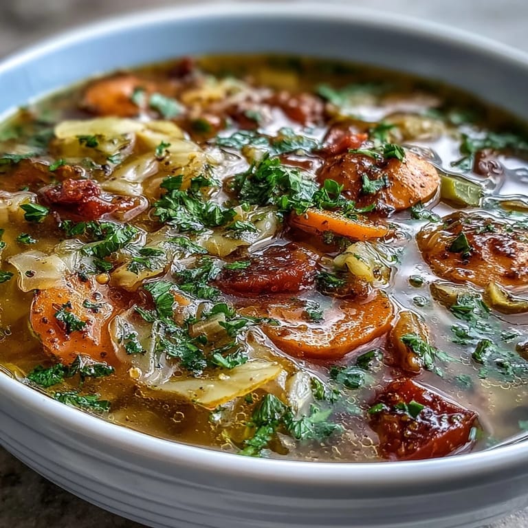 Bright, healthy Cabbage Soup served hot in a rustic bowl, showcasing colorful onions, peppers, and herbs.