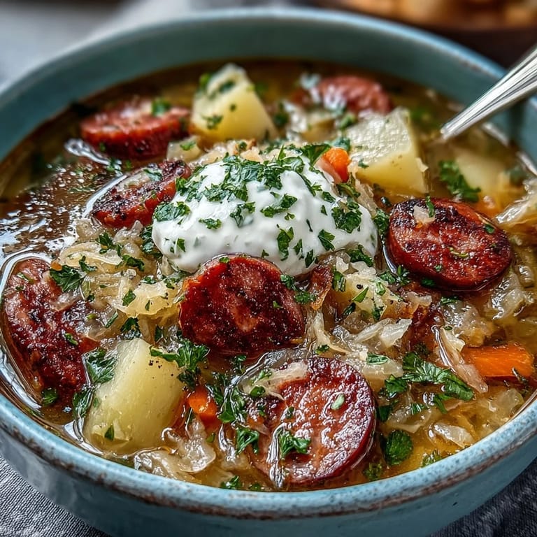 Tangy Sauerkraut Soup garnished with fresh parsley and creamy sour cream, paired with rustic rye bread on a wooden table.