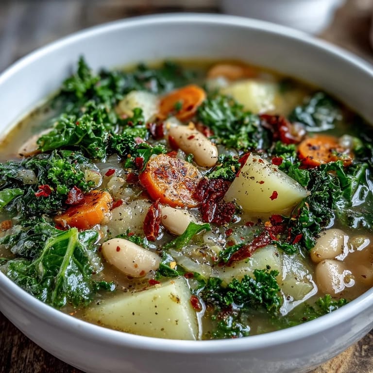 Serving of Kale Soup topped with lemon zest alongside crusty bread, ideal for a wholesome vegetarian dinner.