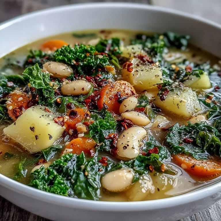 Cubed potatoes and fresh kale leaves simmered in a savory broth for this hearty Kale Soup.
