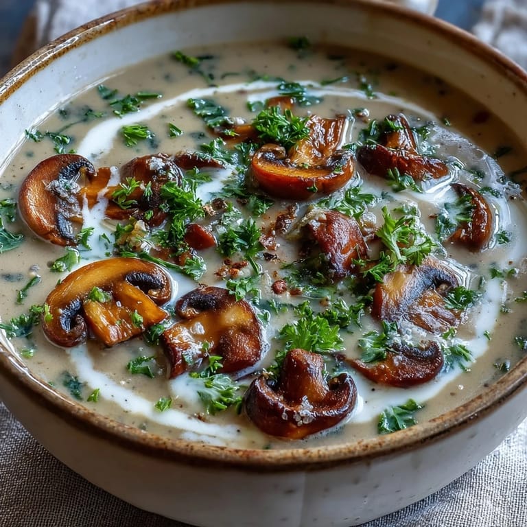 Earthy mixed mushroom soup simmering in a pot with thyme, garlic, and rich vegetable broth.