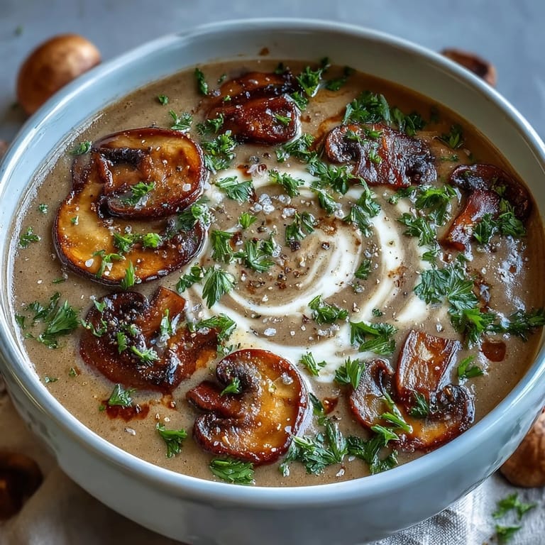 Velvety homemade mushroom soup topped with parsley, served in a white bowl on a cozy table.