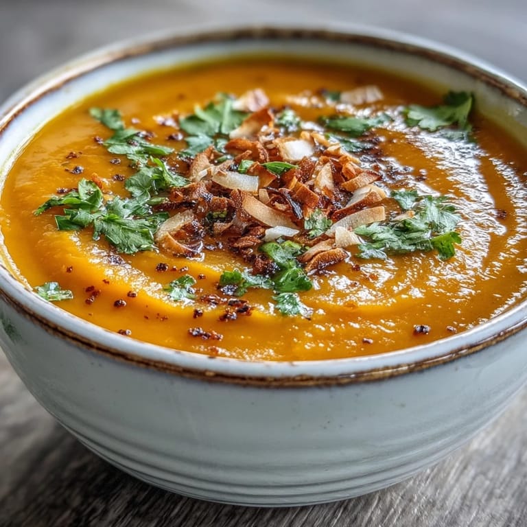 A bowl of golden Carrot and Coconut Soup garnished with cilantro and lime wedges.