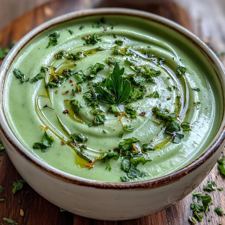 Steaming bowl of Zucchini Soup with a drizzle of olive oil, placed beside crusty bread on a linen napkin.