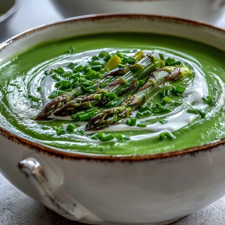 Silky smooth Asparagus Soup ladled into a ceramic bowl, ready to be served alongside crusty artisan bread.