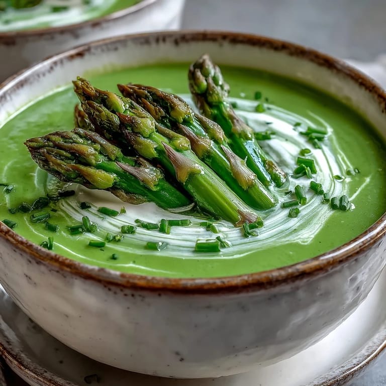 Steaming pot of creamy Asparagus Soup, highlighting fresh spring vegetables with a swirl of heavy cream.