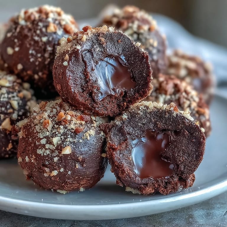 A plate of rich, creamy chocolate truffles ready for coating, some with chopped nuts and others rolled in powdered sugar.