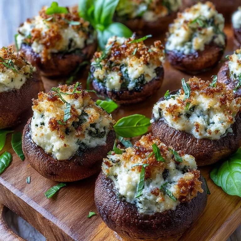 Baked Stuffed Asiago-Basil Mushrooms served warm, ideal for elegant appetizers or party platters.
