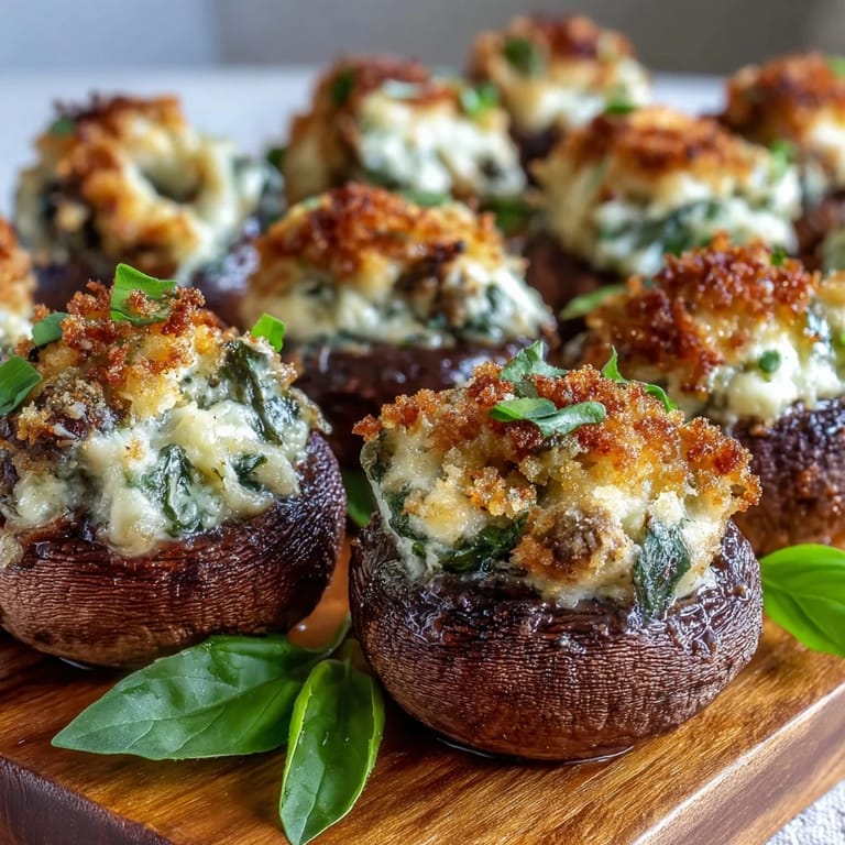 Freshly baked vegetarian Stuffed Asiago-Basil Mushrooms with savory breadcrumbs and creamy Asiago filling.