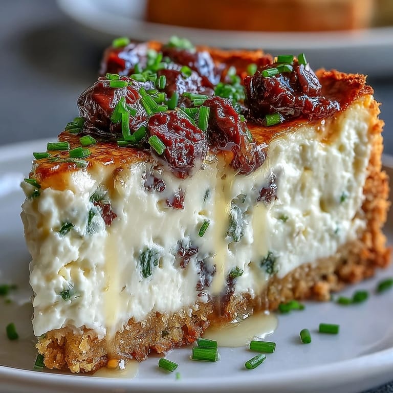 Overhead view of a Kalamata cheesecake appetizer baked in a springform pan, topped with sliced olives and chives.