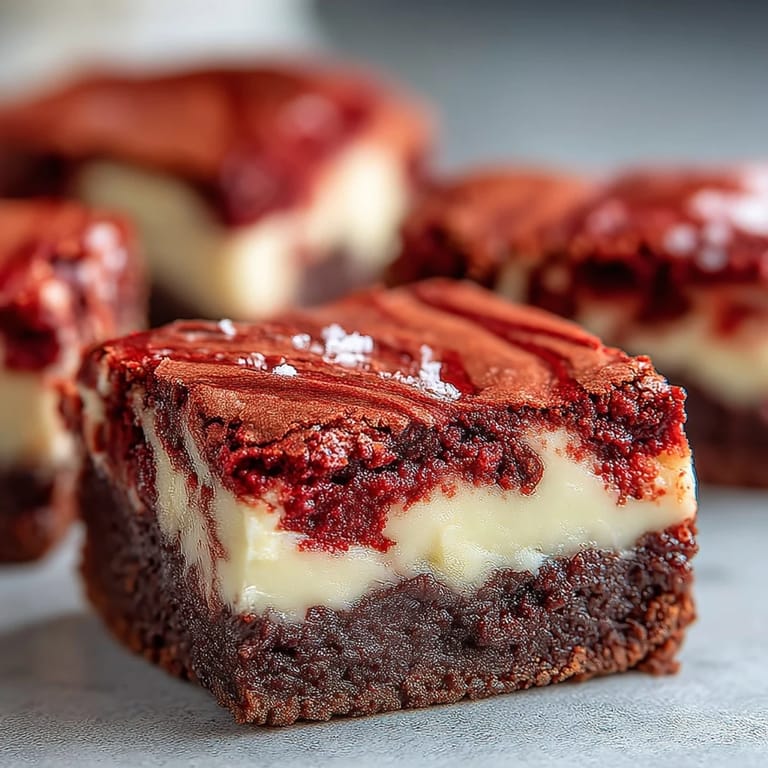 Decadent Red Velvet Cheesecake Brownies showing fudgy texture and marbled pattern, ideal for dessert lovers and holiday gatherings.