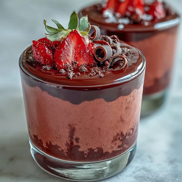 Silky chocolate ganache and fresh strawberry mousse are layered in a glass, topped with shaved chocolate and a mint sprig for garnish.