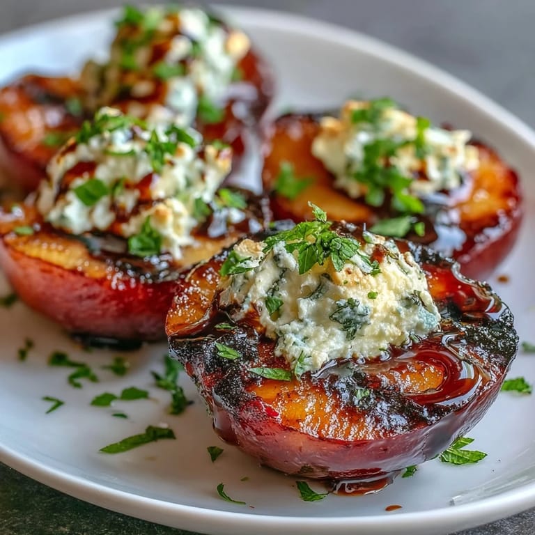 Warm Balsamic-Goat Cheese Grilled Plums served as a light vegetarian appetizer.