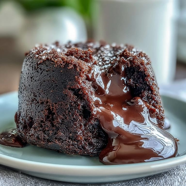 A close-up view of warm Chocolate Lava Cakes with Espresso, showing the rich, oozing chocolate center on a dessert plate.  