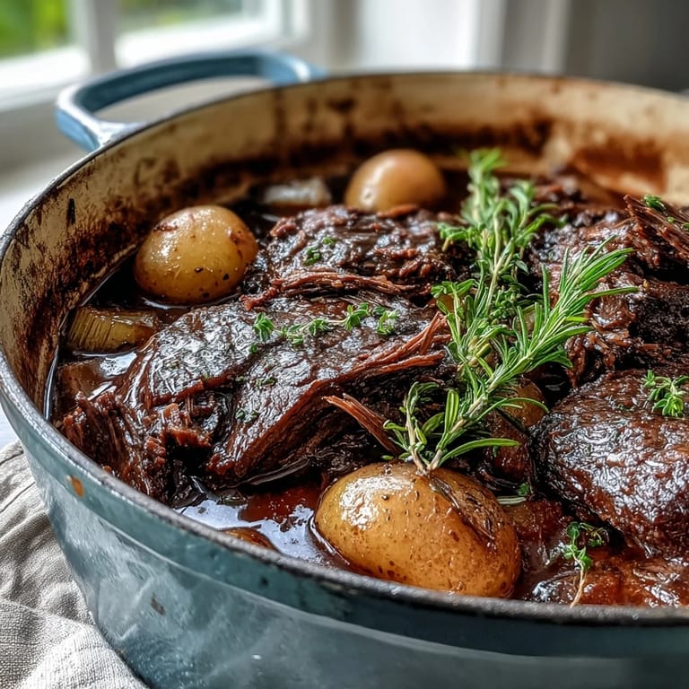 Succulent shredded beef pot roast served over buttered egg noodles, garnished with fresh parsley for a hearty meal.