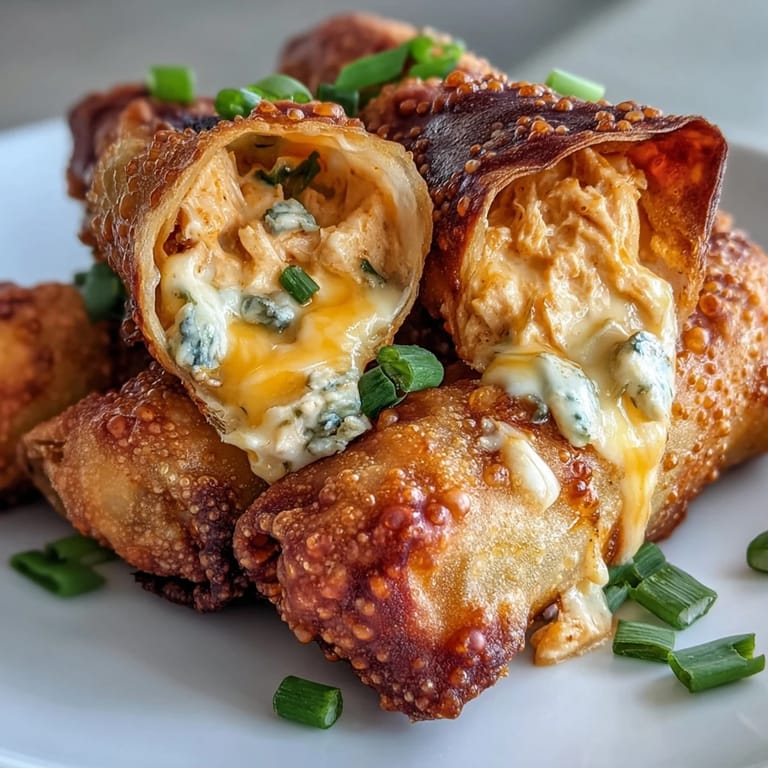 Freshly fried Buffalo Chicken Dip Egg Rolls with melty cheddar and zesty green onions.