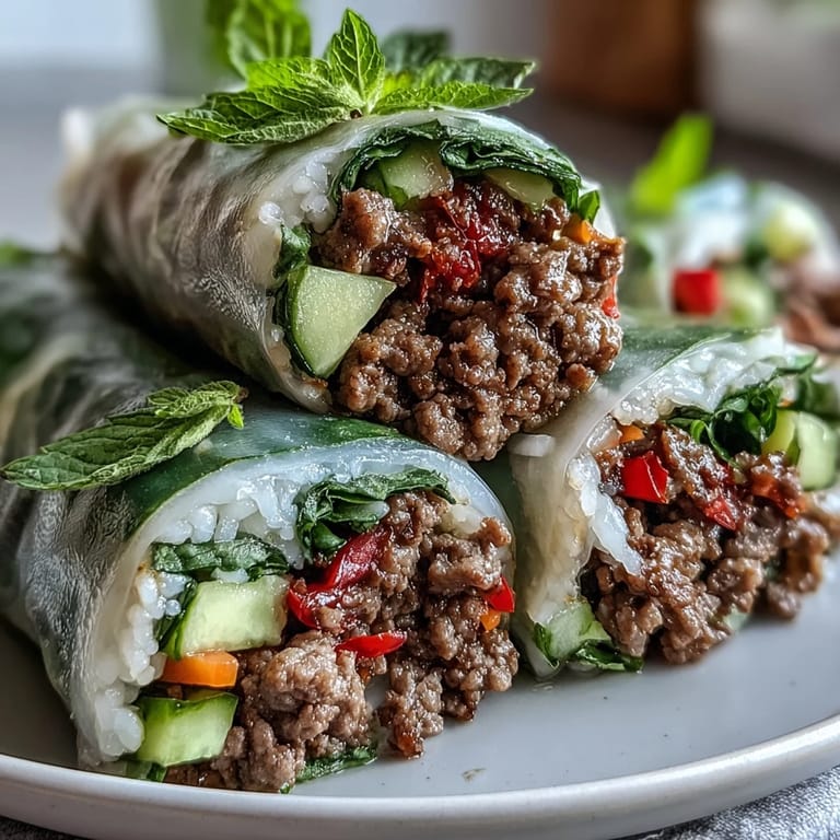 Thai Basil Beef Rolls served on a plate with a side of spicy dipping sauce for a light lunch. 