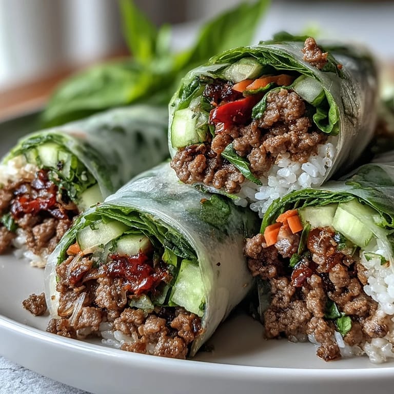 Close-up of Thai Basil Beef Rolls showing colorful carrots, cucumbers, and herbs wrapped in translucent rice paper.