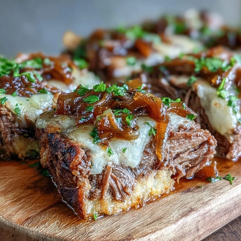Slow-cooked Savory Crock Pot French Onion Pot Roast served over creamy mashed potatoes with parsley.