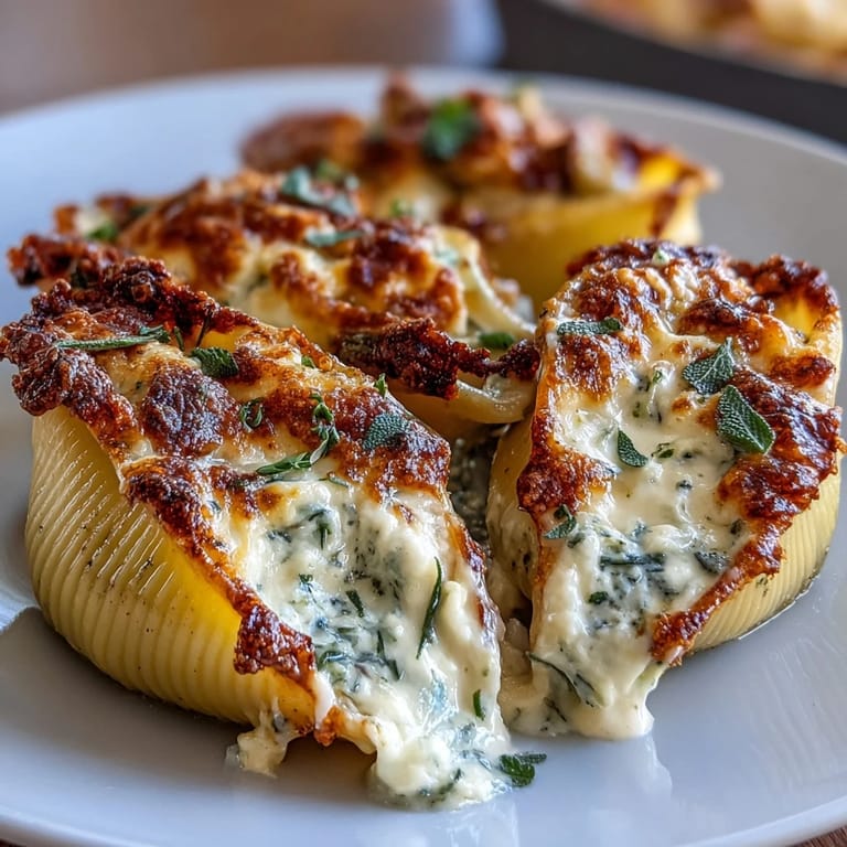 Creamy filling of pumpkin and smoked Gouda inside jumbo pasta shells, served in a brown butter sage Alfredo sauce.