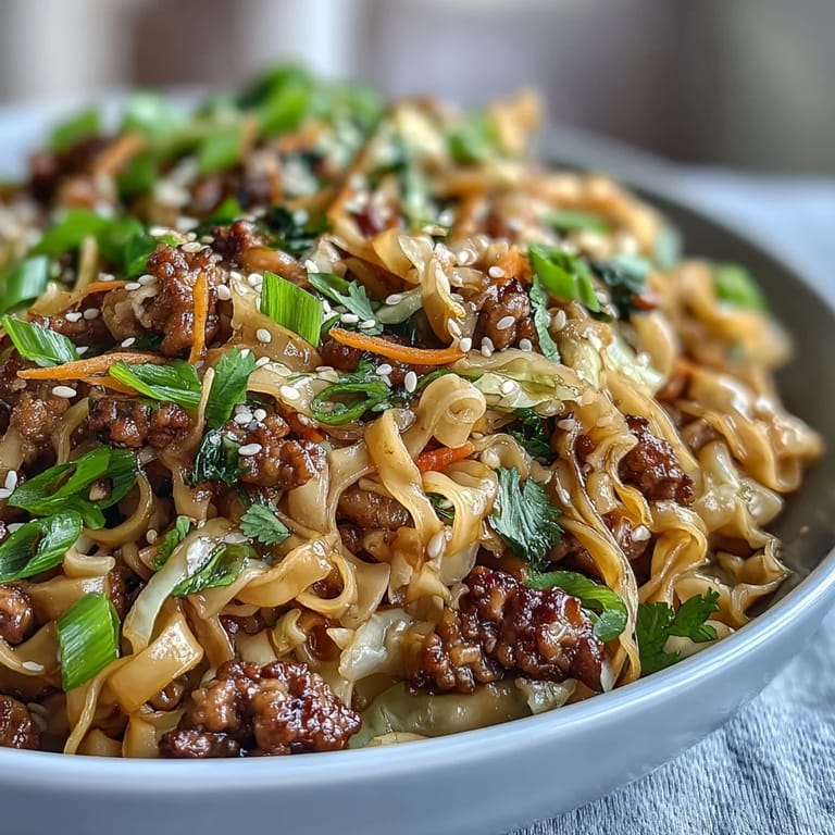 Close-up of Potsticker Noodle Bowls featuring tender rice noodles tossed with garlic, ginger, mushrooms, and a glossy, savory sauce.