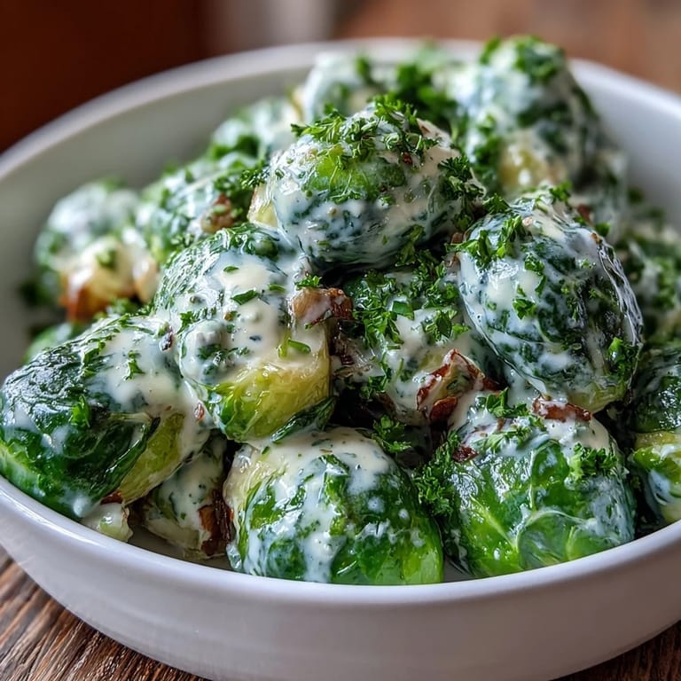 Golden Brussels sprouts tossed in a luscious cream cheese and Dijon mustard sauce, served warm in a skillet for family-style dining.