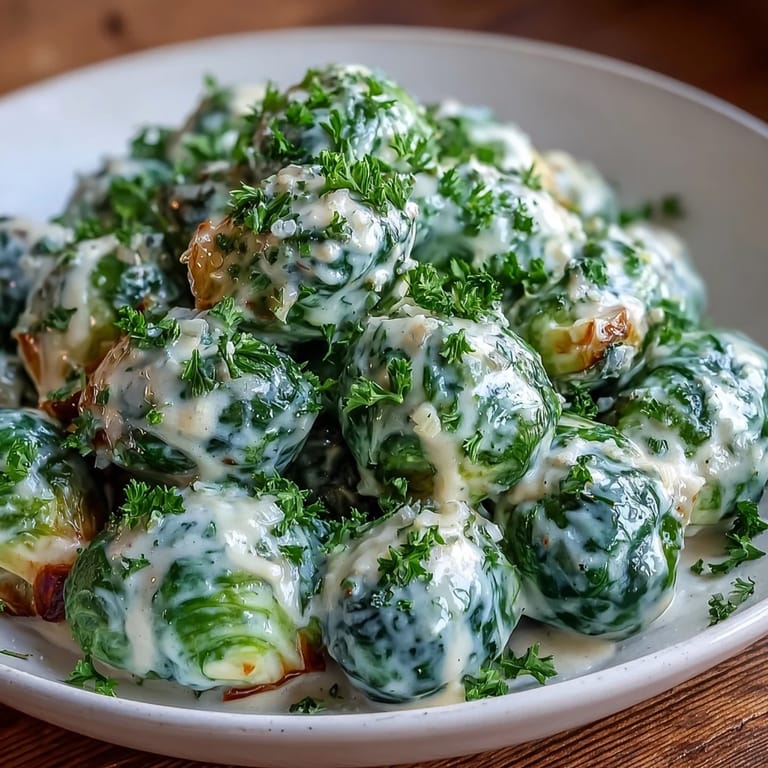 Tender Brussels sprouts in a velvety cream cheese mustard sauce, paired with crusty bread for a cozy weeknight meal in Germany.