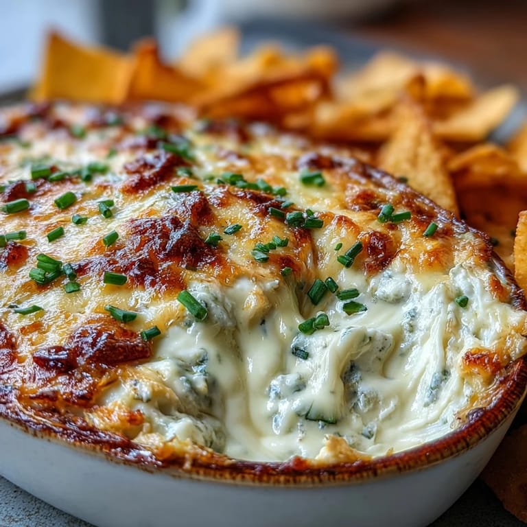 Creamy Smoked Gouda & Onion Dip topped with chives, paired with crisp veggies.