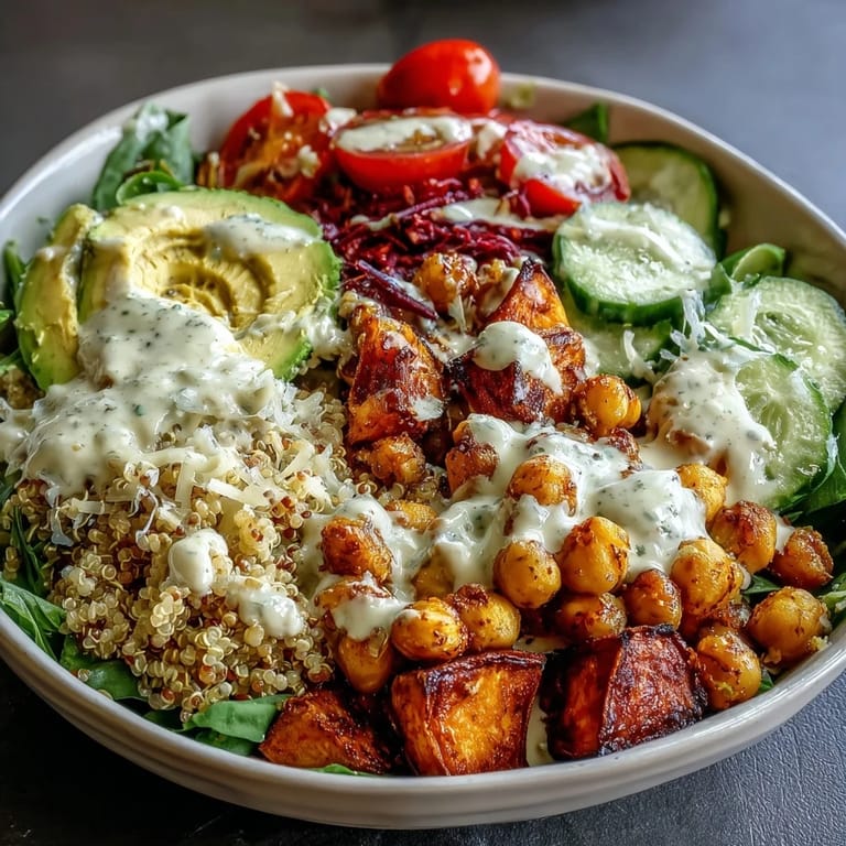 Garlic tahini dressing drizzles richly over the healthy meal, served ready to enjoy.