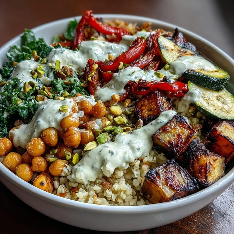 A creamy tahini dressing is drizzled generously over this colorful Mediterranean Buddha Bowl, adding a rich and tangy finish.