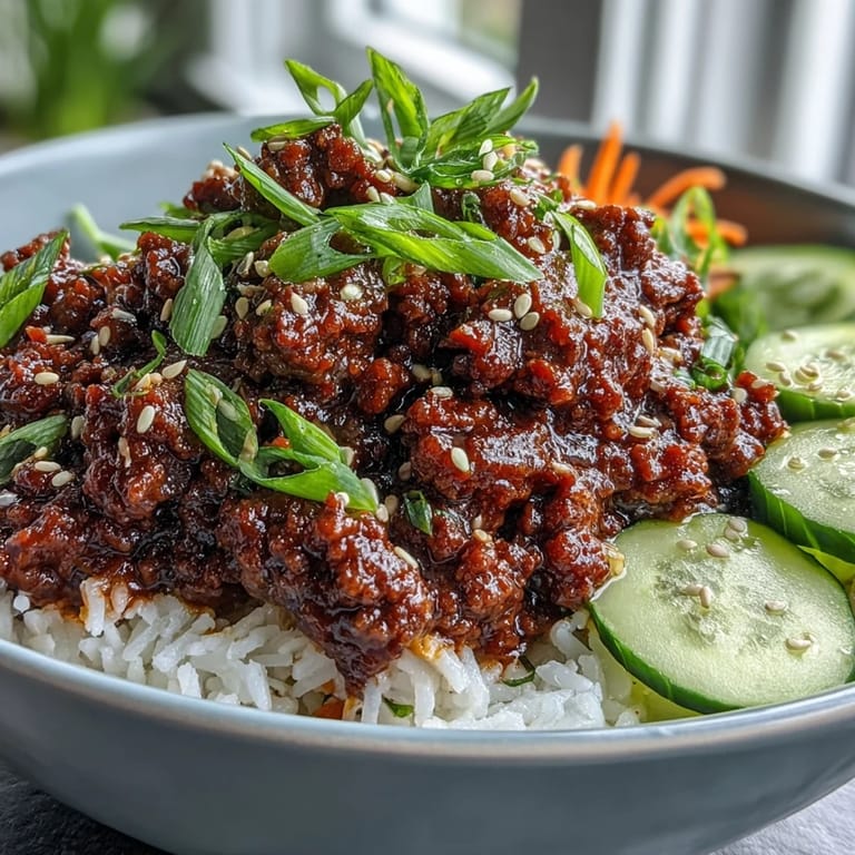 Ground beef simmered in a sweet and spicy glaze makes an Easy Korean Beef Bowl, topped with crunchy carrots and toasted sesame seeds.
