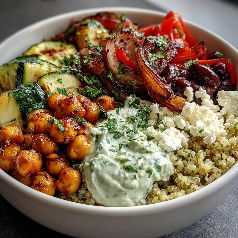 A fork-ready Mediterranean Buddha Bowl featuring roasted zucchini, bell peppers, and tangy toppings.