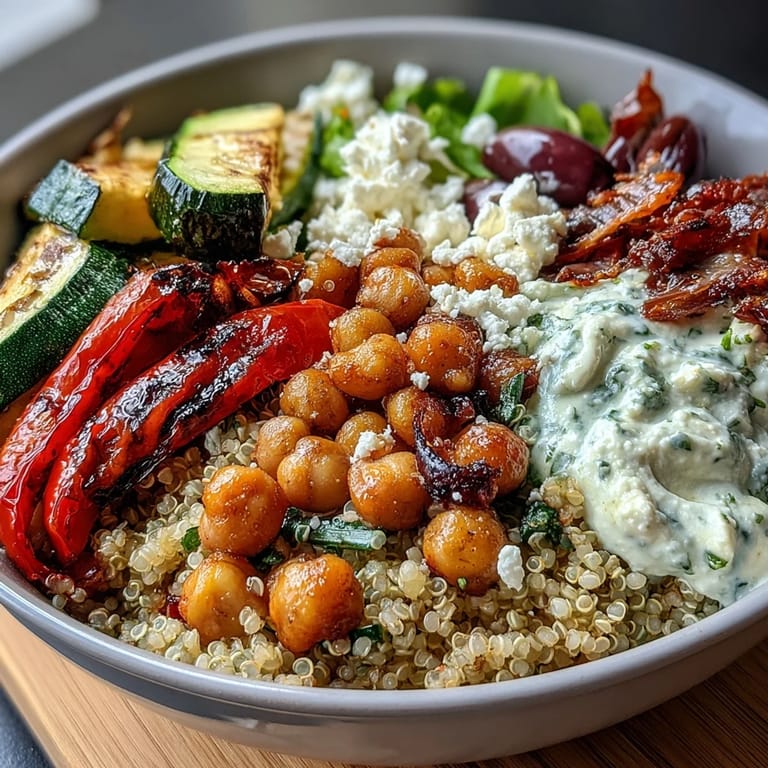 Chickpeas and feta top a vibrant Mediterranean Buddha Bowl next to lemon wedges.