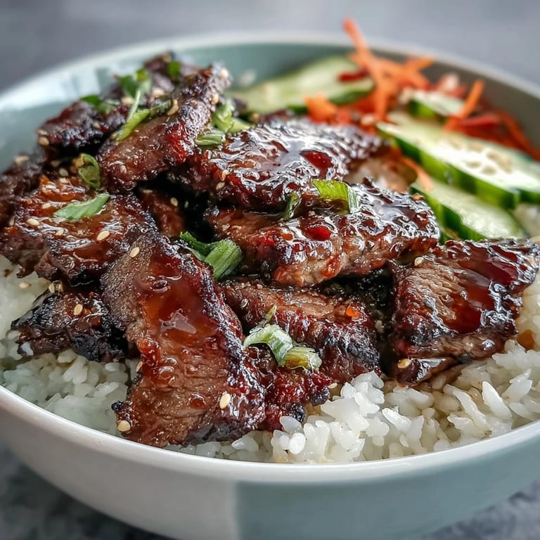 Plated Korean Beef Power Bowl with juicy sesame-ginger beef, tangy pickled carrots, fresh cucumber slices, and a swirl of spicy sriracha mayo on fluffy rice.