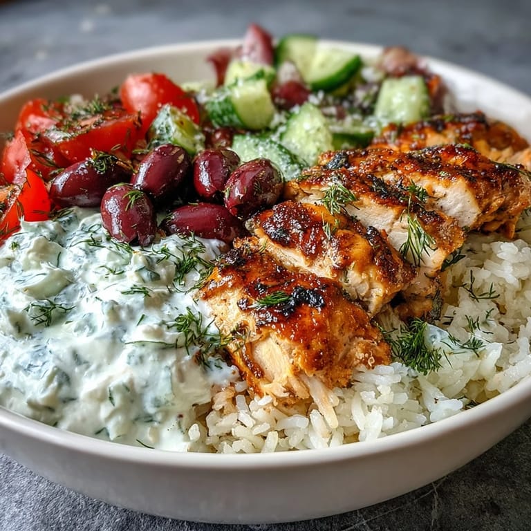 Sliced gyro-style chicken and crisp Mediterranean veggies nestled in a bowl with creamy tzatziki and briny Kalamata olives.