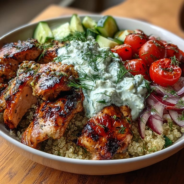 A close-up Greek Chicken Power Bowl shows fluffy quinoa, crisp veggies, and a generous dollop of homemade tzatziki sauce.