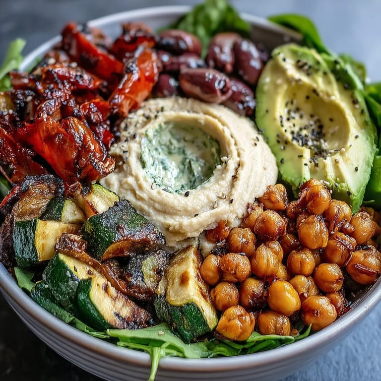 Healthy Vegan Mediterranean Buddha Bowl topped with sliced avocado and roasted vegetables, served as a vibrant main dish.
