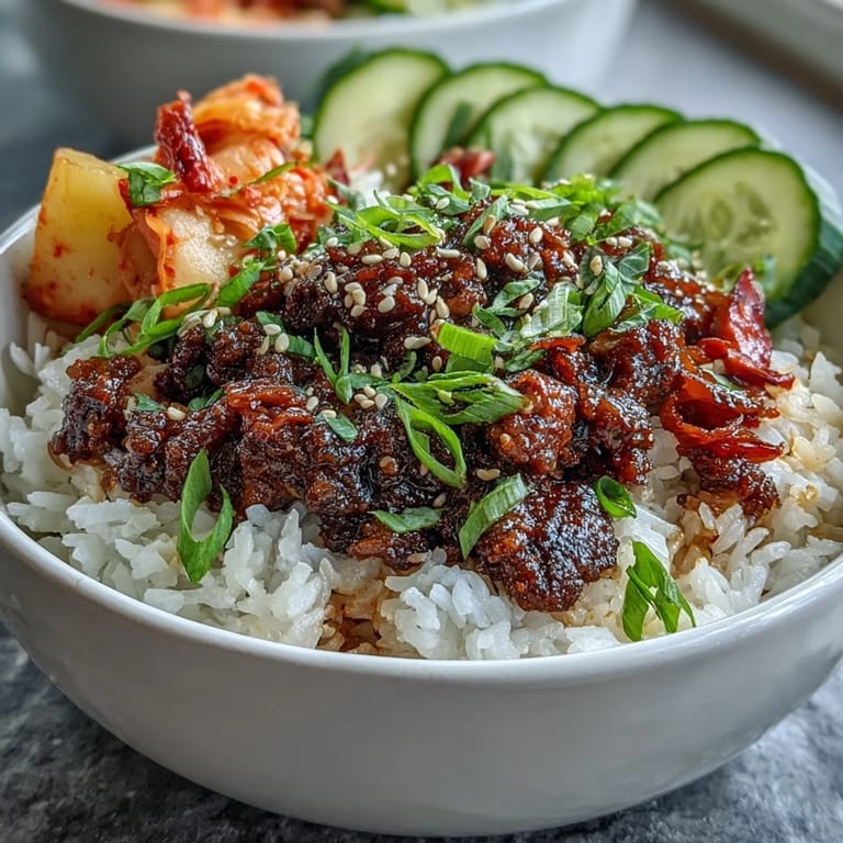 Overhead view of Korean Beef Bowl featuring saucy beef, radish, and sesame seeds.