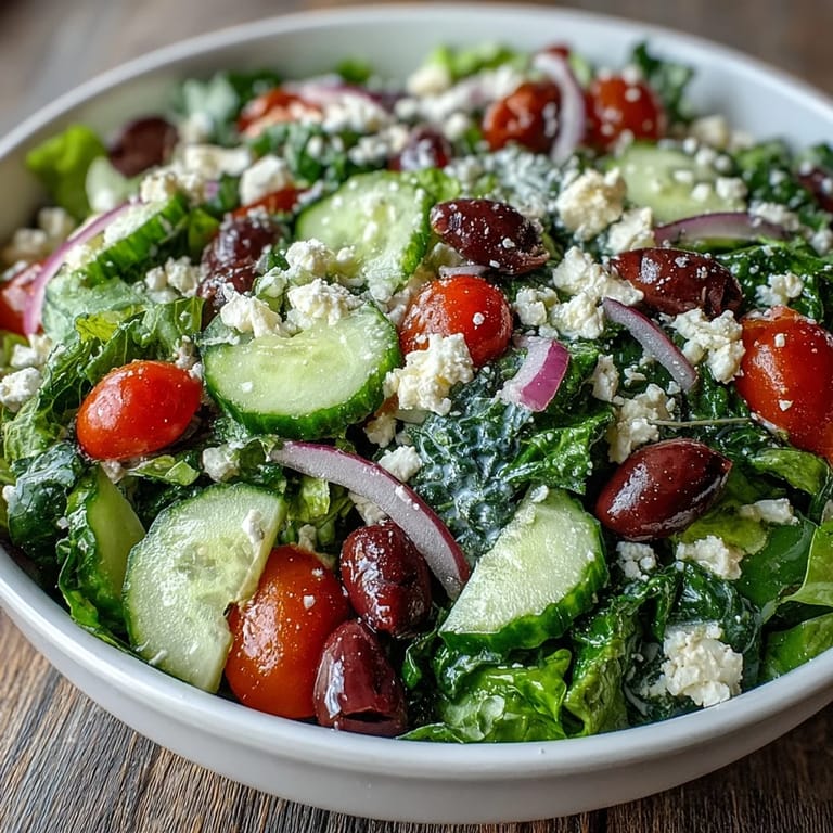 Close-up of a fresh Greek Salad Bowl featuring juicy cherry tomatoes, crunchy cucumbers, and tangy red onion slices.