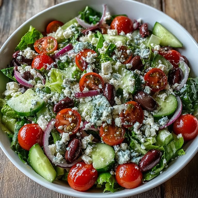 Healthy Greek Salad Bowl tossed in a homemade oregano vinaigrette, perfect for a light vegetarian lunch or side.